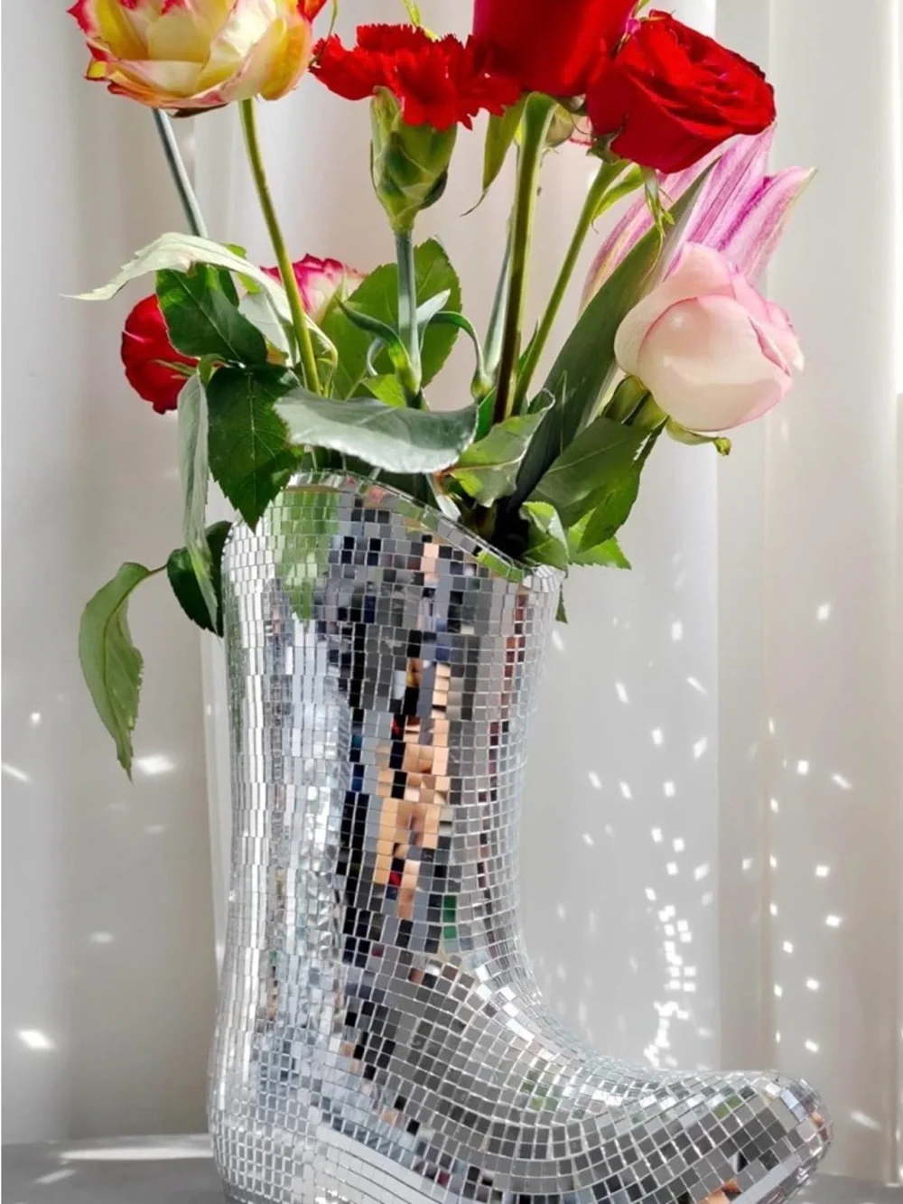 Mirrored Silver Mosaic Boot Vase - Decorative Party Planter